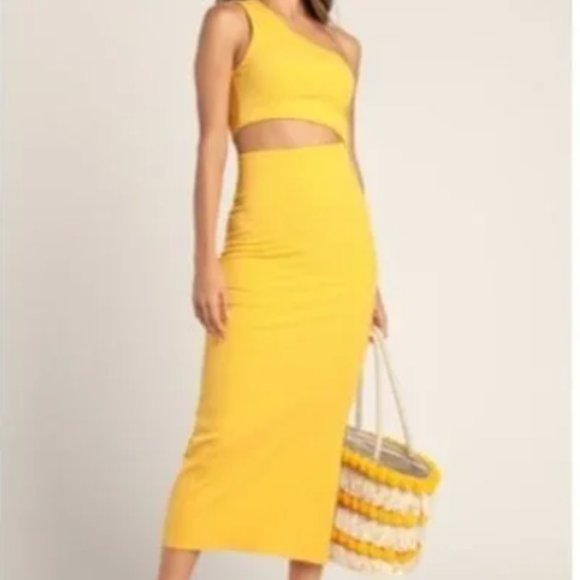 Spice Things Up Ribbed One Shoulder Cutout Midi Dress in Yellow - Picture 1 of 4